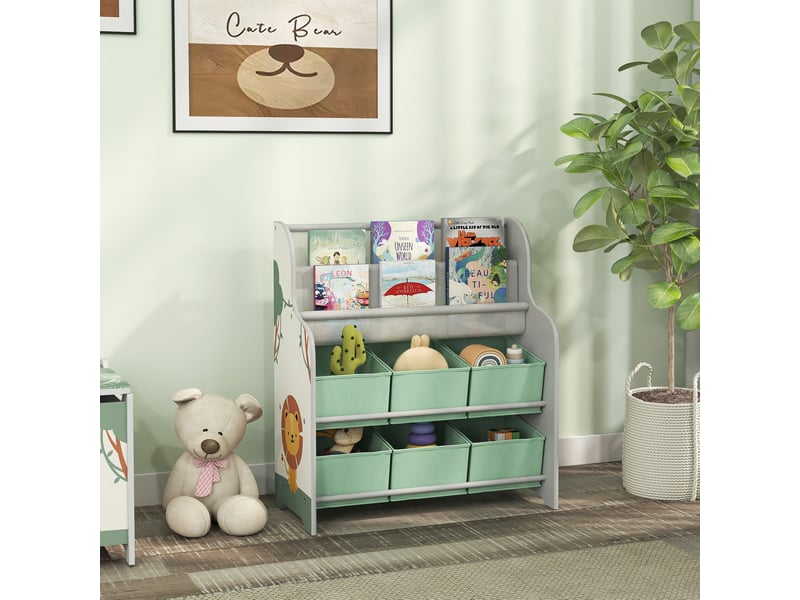  Meuble de rangement pour jouets avec 6 tiroirs en tissu et bibliothèque à 2 niveaux, bois et acier, 63 x 30 x 71 cm, vert  - Conforama C