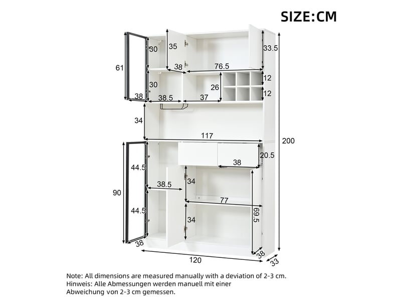  Vitrine 120x33x200 cm blanche avec led, 6 portes, 2 tiroirs, niches ouvertes et étagères réglables Fay Lum - Conforama C