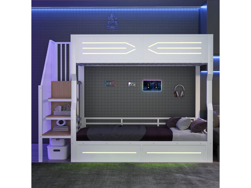  Lit mezzanine métal 90 x 200 cm blanc led escalier rangement avec petit placard garde-corps haut cadre métal chambre ado  - Conforama B