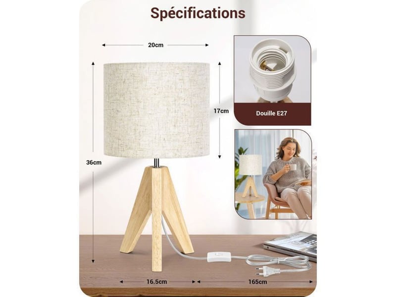  Lampe de table lin beige trépied bois massif e27 4w 2700k 370618_AAAYP05897_6_DROPFR - Conforama D