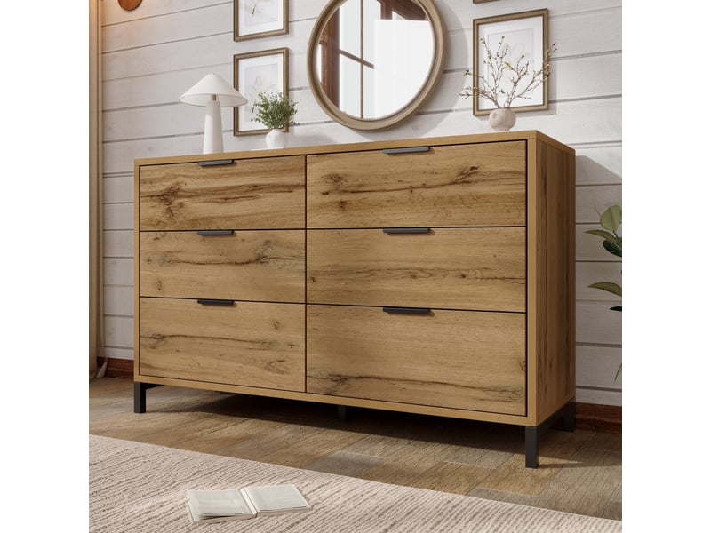 Commode à 6 tiroirs, 120 x 40 x 76 cm, finition effet bois, avec pieds réglables, poignées noires, coloris chêne foncé  - Conforama D