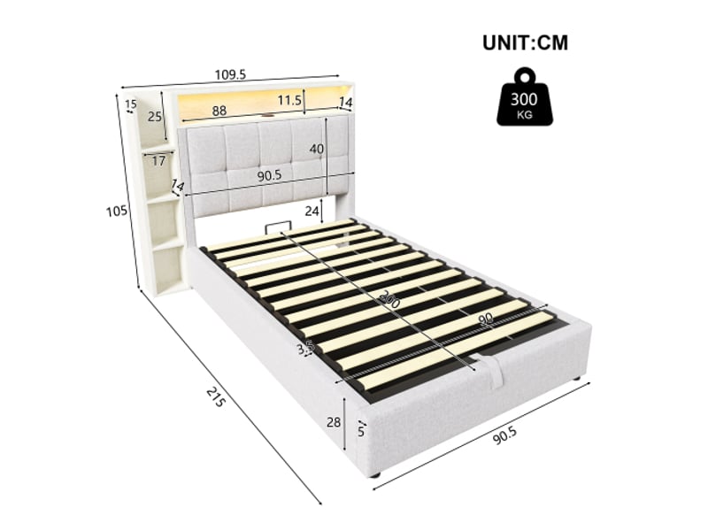  Lit coffre 90x200 cm, lit enfant, avec port usb-type-c, rangement, éclairage led, en lin, beige, sans matelas  - Conforama C