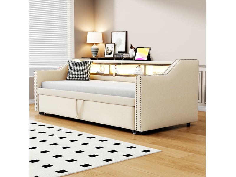 Modenvie canapé-lit gigogne 90x190180x190 cm - avec led, port usb et sommier inclus - beige  - Conforama E