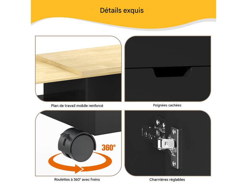  Îlot de cuisine avec plan de travail extensible mdf noir et naturel 115x50x92 cm - pangivo  - Conforama D