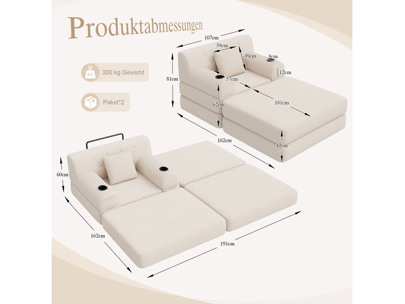  Canapé compressé convertible 1 place avec pouf, 4 poches et 2 porte-gobelets, en velours côtelé beige  - Conforama C