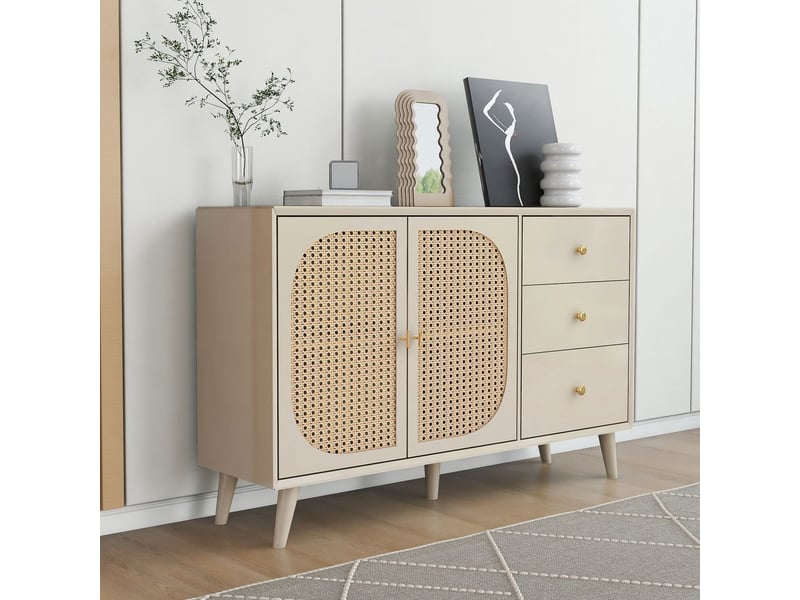 Buffet salle à manger 120 cm, buffet 2 portes 3 tiroirs, rangement généreux, portes cannées rotin, finition crème, pieds bois massif - Conforama E