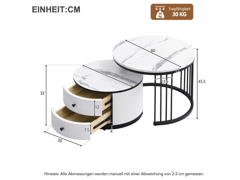  Élégant ensemble de 2 tables basses gigognes blanches, 60 x 60 x 45,5 cm et 50 x 50 x 32 cm, tables rondes aspect marbre brillant, 2 tiroirs, capacité de charge jusqu'à 30 kg, combinaison de tables basses gigognes  - Conforama C