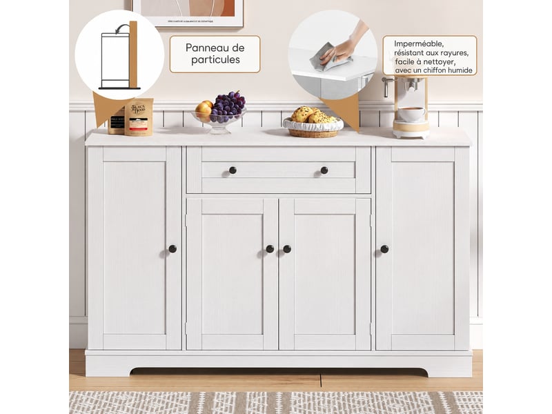  Buffet de cuisine blanc de 138 cm avec tiroir, 4 portes et étagères réglables  - Conforama C