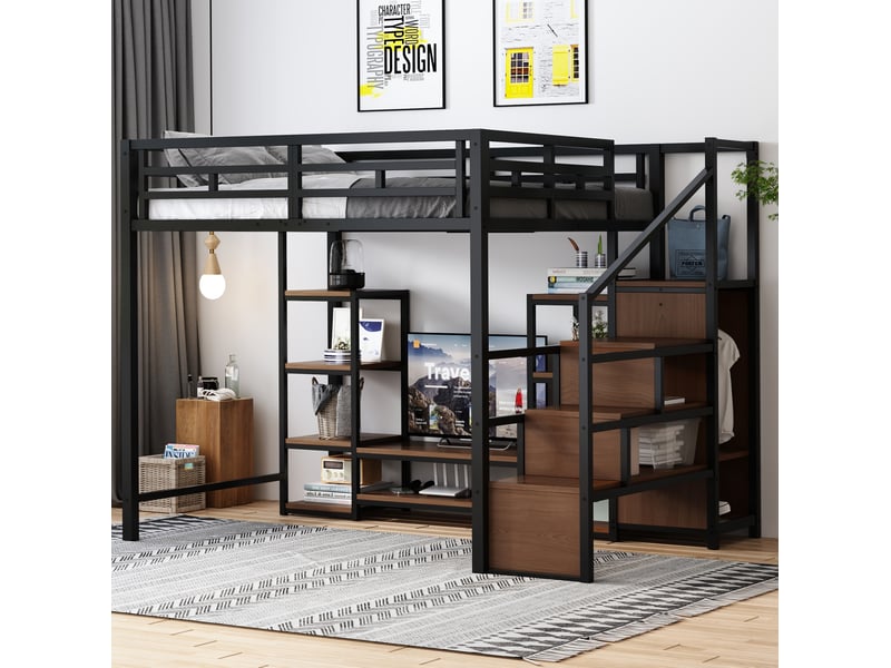  Lit mezzanine 140x200 cm noir en métal avec support tv, prise et escalier de rangement, sans matelas  - Conforama B