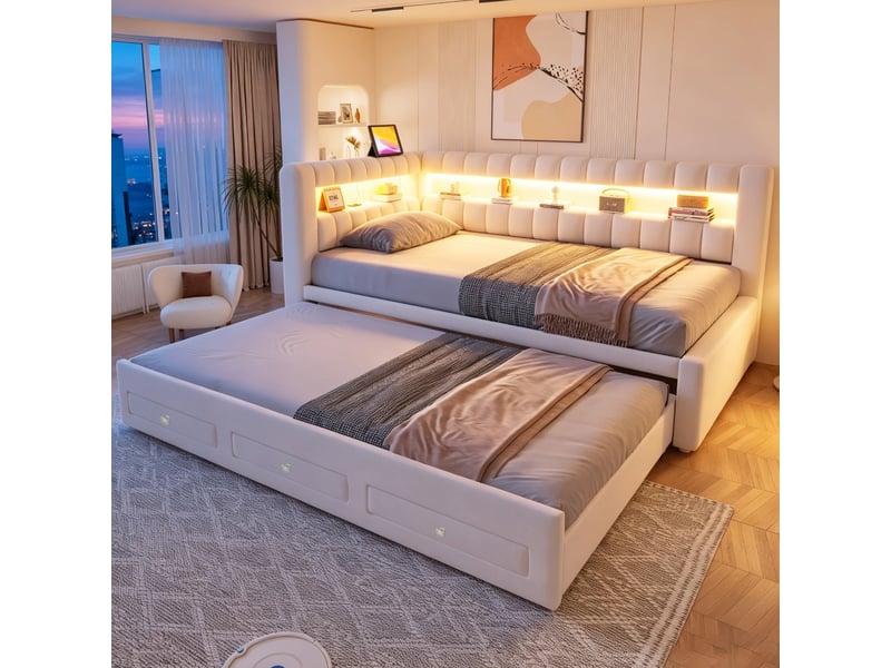  Canapé-lit 90 x 190 cm – avec lit gigogne – avec 3 tiroirs – avec éclairage led – avec port de charge usb – beige (matelas non inclus)  - Conforama R