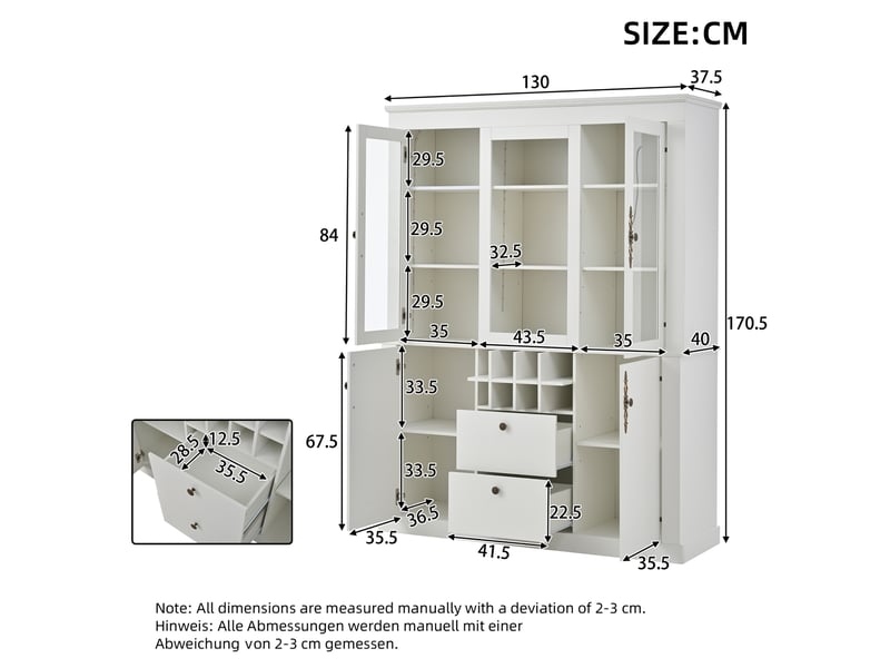  Vitrine 130x37,5x170,5 cm led avec 2 tiroirs panneau de particules blanche  - Conforama E