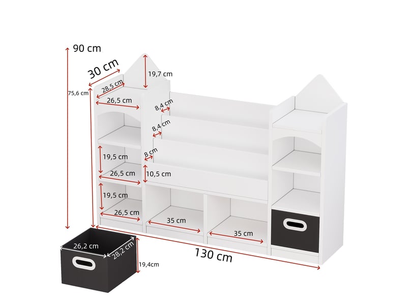  Bibliothèque enfant 130x30x90 cm, rangement, 2 boîtes pliables, salon, bureau et chambre, style château, mdf, blanc  - Conforama C