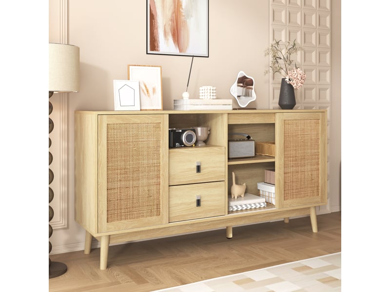  Buffet en rotin véritable avec 3 portes coulissantes, meuble de rangement 155 cm, 2 tiroirs, couleur bois  - Conforama R