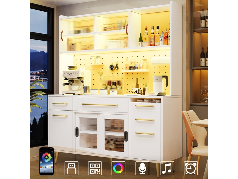 Buffet de cuisine moderne blanc 145cm, vaisselier avec éclairage led intégré, portes en verre et panneau perforé - Conforama C
