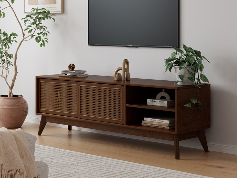  Meuble tv en rotin - 150 cm 59 pouces - avec pieds en bois massif et portes en rotin - noyer foncé  - Conforama B