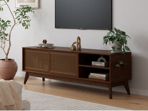 Meuble tv en rotin - 150 cm 59 pouces - avec pieds en bois massif et portes en rotin - noyer foncé