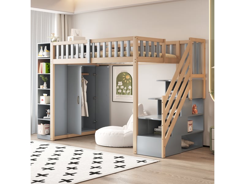  Lit mezzanine 90x200 cm avec étagères et armoire, lit enfant avec échelle de sécurité, gris + bois naturel, lit 1 personne  - Conforama C
