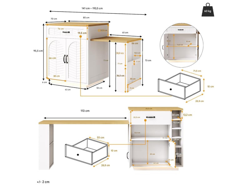  Ilot de cuisine avec table extensible mdf et métal blanc 80x70x95,5 cm - pangivo  - Conforama C