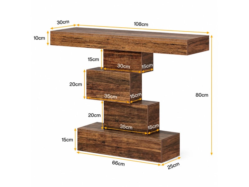  Table console 108 x 30 x 80 cm marron foncé en panneau de particules, base géométrique étagée pour entrée  - Conforama C
