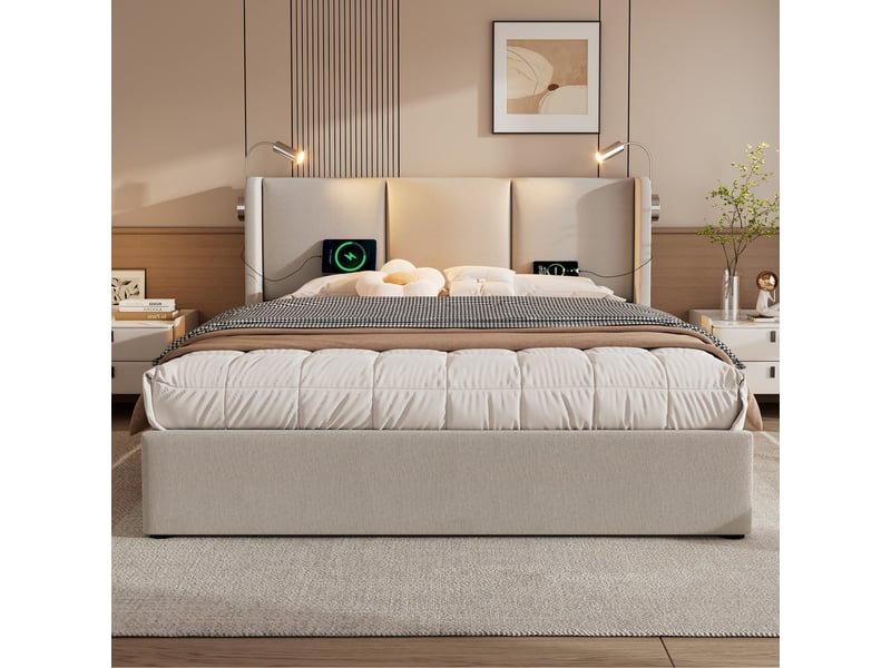 Lit double rembourré 160x200 cm avec coffre de rangement, tête de lit avec liseuse et usb, sommier à lattes, revêtement en lin, sans matelas IKSETERA TRADING LTD - Conforama B