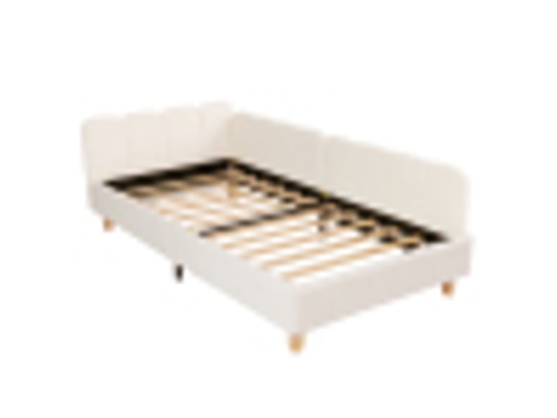 Lit banquette enfant 90 × 200 cm, accoudoirs modulables, poches latérales, capitonné, pieds en bois massif, bouclé beige  - Conforama A