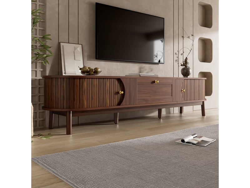  Meuble tv 170x39,5x38 cm, 1 tiroir, portes coulissantes, pieds bois, grand rangement, lowboard moderne pour salon - noyer  - Conforama B
