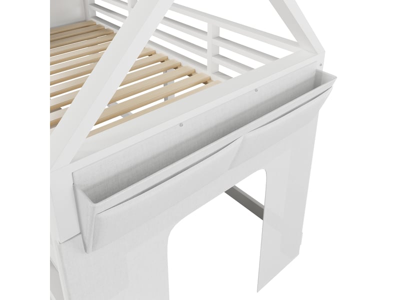  Lit mezzanine enfant 90x200 cm avec 6 tiroirs en tissu, cabane blanche en pin et mdf, guirlande led multicolore  - Conforama W