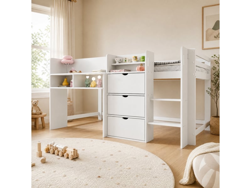  Lit mezzanine enfant 200×90 cm avec rangements, espace sous le couchage et échelle, sans matelas, blanc  - Conforama C