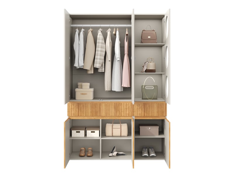  Armoire haute 6 portes avec penderie, 2 tiroirs et niches de rangement pour chambre, gris, 135 × 50 × 200 cm  - Conforama A