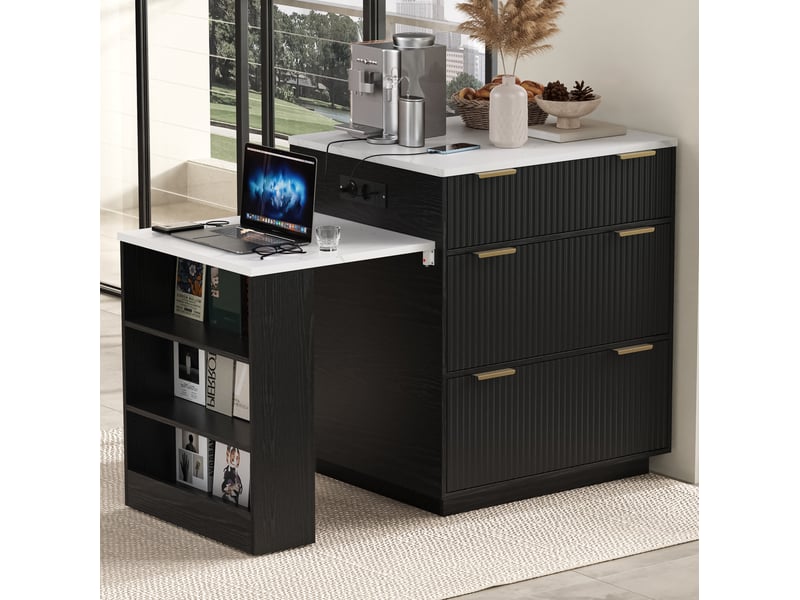  Îlot de cuisine noir extensible 127,5-205 cm avec led, prises usbtype-c et rangements  - Conforama D