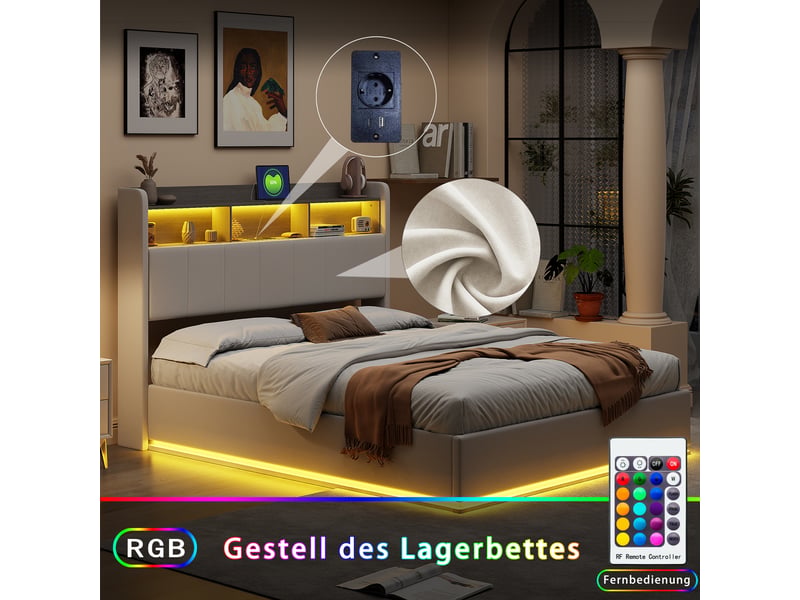  Lit coffre 2 places 140x200 cm, lit adulte avec rangement, 3 compartiments en tête de lit, led, velours beige  - Conforama R