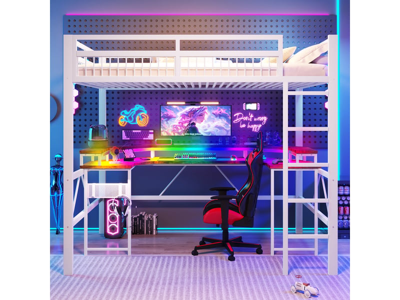  Lit mezzanine 140 x 200 cm sans matelas, structure métal, bureau, led, usb et type-c, prises, panneau perforé, blanc  - Conforama C