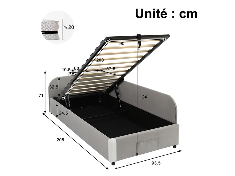  Lit coffre enfant simple avec rangement hydraulique, poche et barrière rembourrée, 90×200 cm, sans matelas  - Conforama D