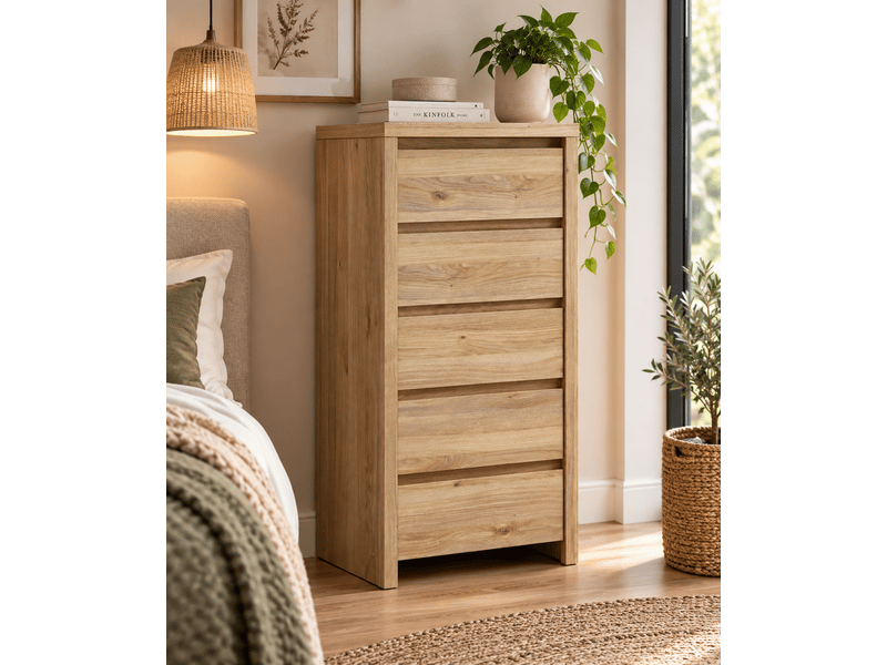  Chiffonnier 5 tiroirs meuble de rangement coloris chêne mauvella - longueur 56 x profondeur 40,5 x hauteur 112,5 cm  - Conforama B