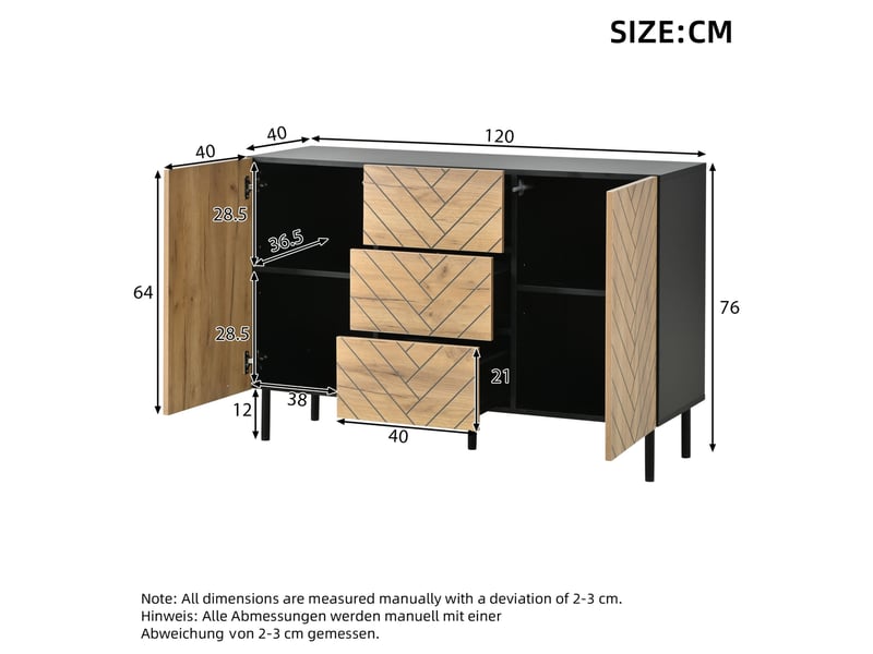 Buffet 120x40x76 cm, 3 tiroirs, 2 portes, meuble de rangement moderne, coiffeuse, commode, aggloméré naturel, séjour - Conforama C
