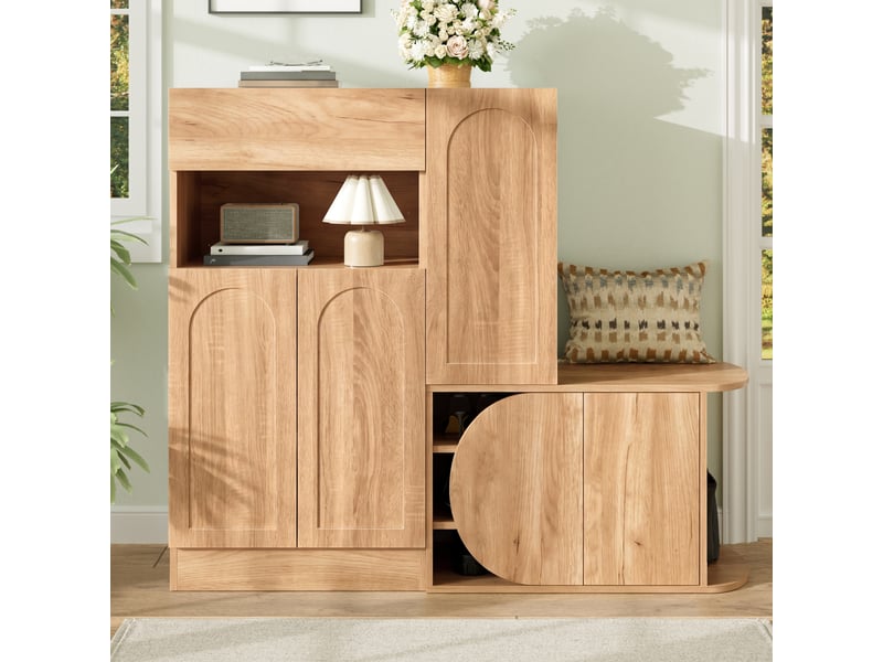  Meuble à chaussures avec banc assis, 5 portes et 1 tiroir, design arc moderne, mdf couleur nature, 130x35x110.5 cm  - Conforama B