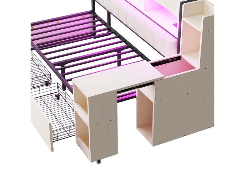  Lit banquette 90x200 cm avec bureau et 2 grands tiroirs - lit coffre - prises intégrées, led et rangements cachés, blanc  - Conforama D