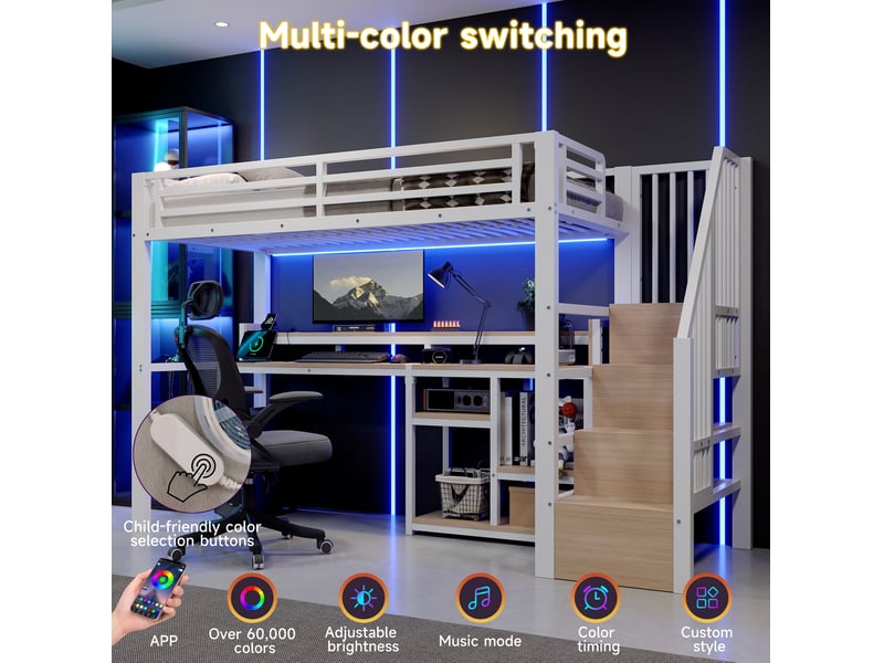  Lit mezzanine 90x200 cm, escalier de rangement, led et ports usb et type-c, en métal, blanc, sans matelas  - Conforama D