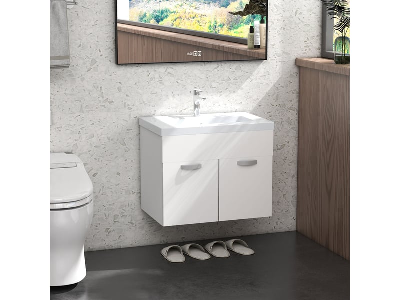  Meuble vasque suspendu avec lavabo, 2 portes amorties, blanc brillant, 61 x 40 x 50 cm  - Conforama C
