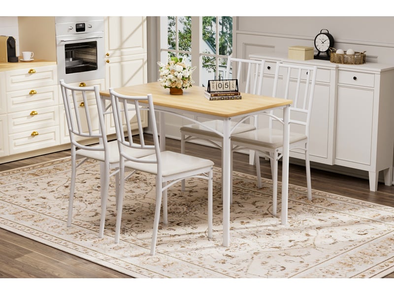  Ensemble table et chaises avec 1 table et 4 chaises  - panneau de particules et acier - naturel et blanc  - Conforama E
