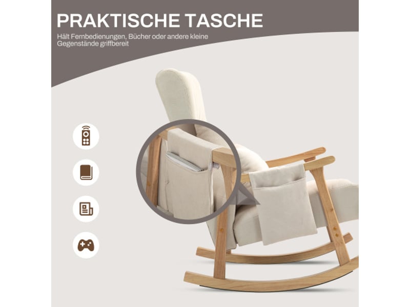 Fauteuil à bascule beige rembourré, coussin lombaire, poche latérale, cadre bois, aspect lin, salon et chambre - Conforama D