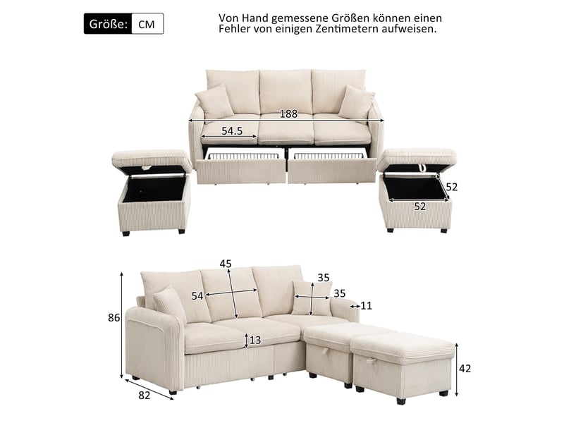  Canapé d’angle en u 3 places 188x186x86 cm convertible avec tiroirs, pouf coffre, modules séparables, chenille, beige Sol Morn - Conforama C