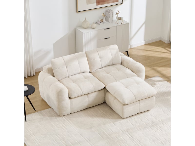  Canapé 2 places - 194 x 160 x 68 cm - canapé modulable en l en chenille avec 1 pouf amovible et coussins - beige  - Conforama C