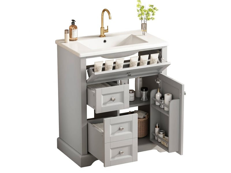  Meuble salle de bain avec lavabo 76x46x87cm meuble vasque sur pied gris en mdf avec tiroirs  - Conforama A