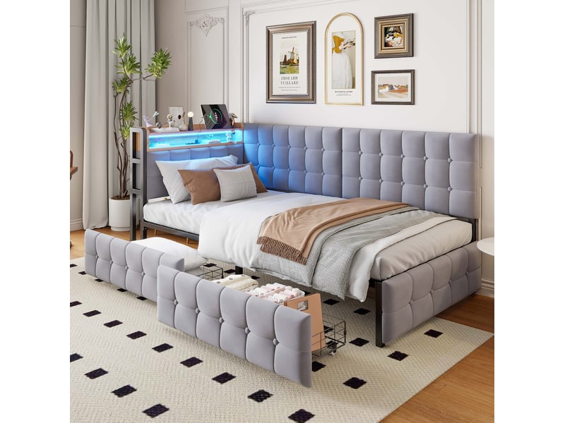 Lit avec rangement tcqpz 90 x 200 cm gris avec 2 tiroirs, led, usb et type-c, cadre métal, sommier 12 lattes - Conforama B