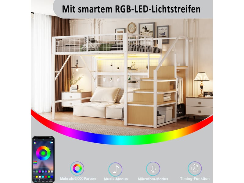  Lit mezzanine enfant 140x200 cm – blanc – escalier de rangement, penderie ouverte et led par application  - Conforama E