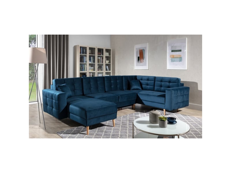  Canapé d'angle panoramique convertible hasgard u 326x202 cm bleu pétrole velours  - Conforama B
