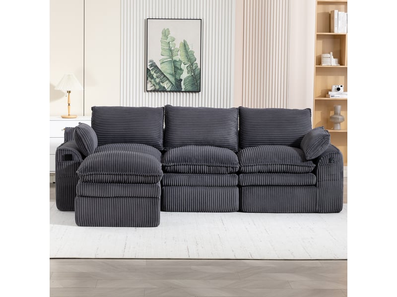  Canapé modulable 3 places en velours côtelé gris foncé 263x167x85 cm avec pouf, coussins et poches latérales 263x167x85cm - Conforama W