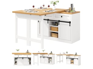 Îlot de cuisine extensible blanc,2 tiroirs et étagères réglables,table à manger rotation 360°,en mdf et métal,120-197x40x72cm