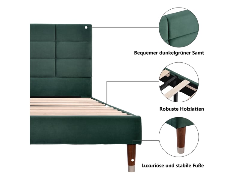  Lit adulte 140x200 cm, tête de lit, structure en bois, sommier, style moderne, lin vert, sans matelas  - Conforama D
